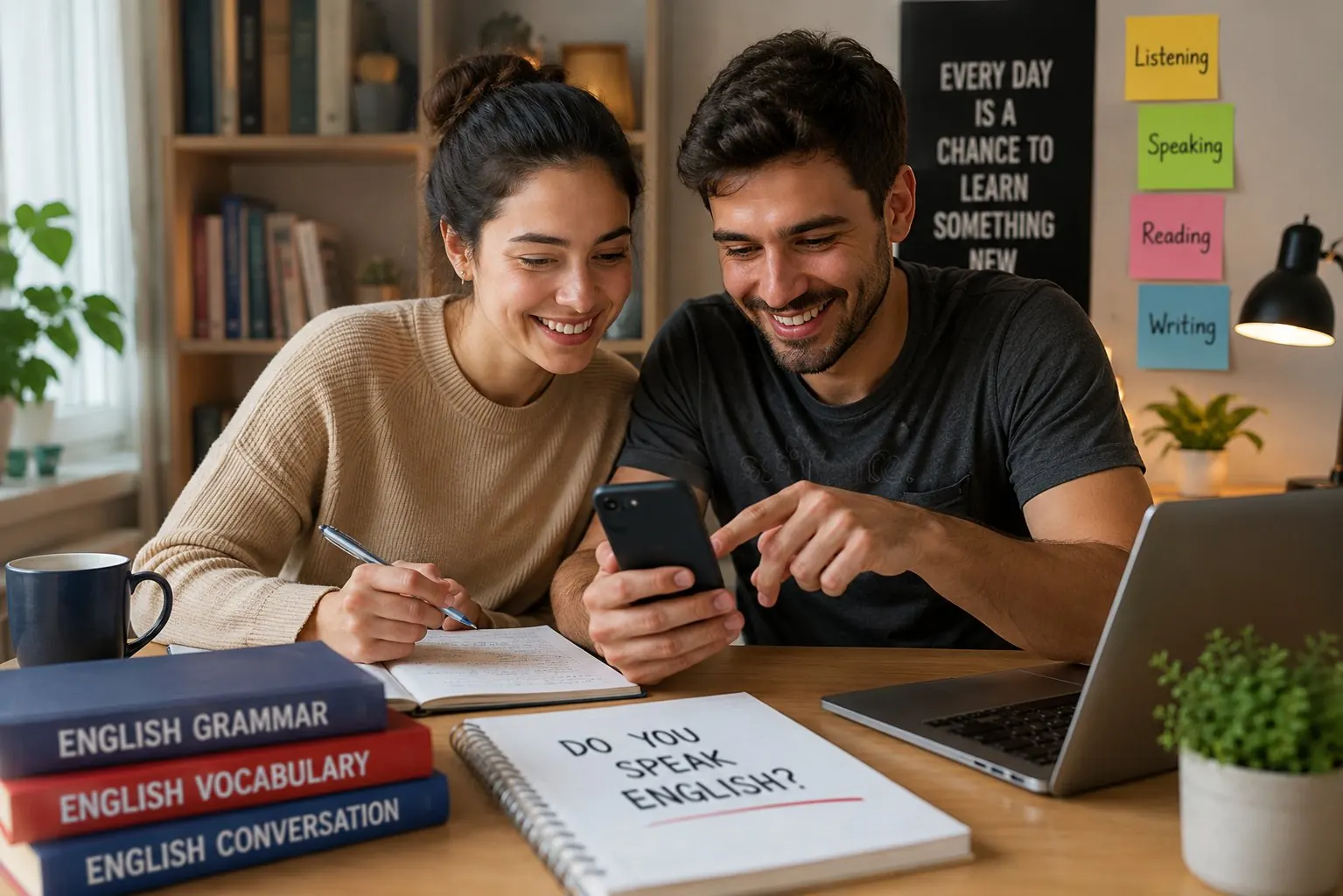 Casal estudando inglês juntos com celular, caderno e livros