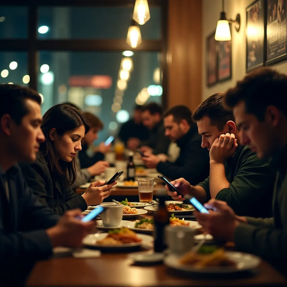 Pessoas em restaurante usando o celular no jantar