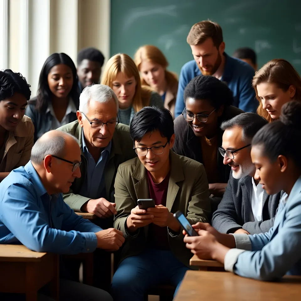 Grupo de idades diferentes reunido em torno de um celular na sala